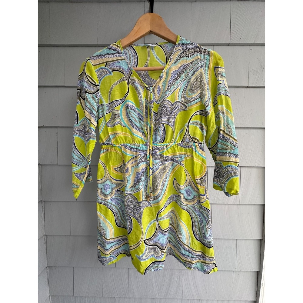 Trina Turk XS Cotton Silk Paisley Beach Cover Up Tunic Resort Green